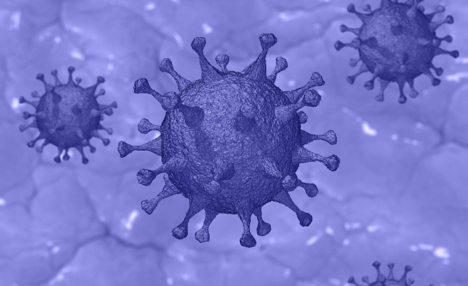 Image: A drawing of the Covid-19 virus on a purple background.