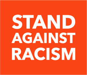 Image: the words Stand Against Racism in white font on a red background